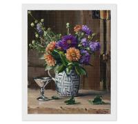 Pittura a mosaico 5D fai da te con un vivace bouquet di fiori in un vaso intrecciato, accompagnato da un bicchiere vuoto Martini. Ricamo a punto croce con diamante rotondo completo mosaico decorazione
