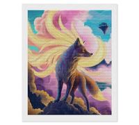 Pittura a mosaico 5D fai da te con una volpe mistica in piedi in un paesaggio vivace e colorato. Decorazione artistica a mosaico con ricamo a punto croce e ricamo a diamante, 16 x 20