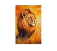 Pittura a olio animale - Leone maestoso nella savana dorata- un leone regale crogiolarsi nelle calde tonalità del tramonto delle pianure africane, la sua criniera incandescente come oro fuso