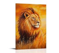 Pittura a olio animale - Leone maestoso nella savana dorata- un leone regale crogiolarsi nelle calde tonalità del tramonto delle pianure africane, la sua criniera incandescente come oro fuso