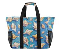 Pittura a Olio Blu Shell Mare Utility Beach Tote Pieghevole Con Tasche Tela Beach Totes Borse, Pittura a olio arte conchiglia blu mare, 1 size, Moda