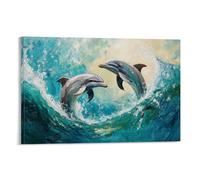 Pittura a olio con animali - Delfini graziosi che ballano in onde turchesi - Delfini giocosi che saltano attraverso le vivaci acque dell'oceano con pennellate impressionistiche Contemporanea Hanging
