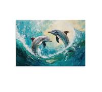 Pittura a olio con animali - Delfini graziosi che ballano in onde turchesi - Delfini giocosi che saltano attraverso le vivaci acque dell'oceano con pennellate impressionistiche Contemporanea Hanging