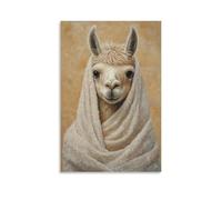 Pittura a olio con animali di un lama avvolto in strati di asciugamani, che sbircia solo con il muso sotto un morbido sfondo color sabbia. Decorazione da parete moderna da appendere - Stampa artistica