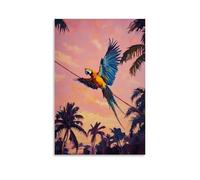 Pittura a olio con animali di un pappagallo che si unisce tra palme, vento tropicale che scorre attraverso le piume sotto un cielo rosa al tramonto. Decorazione da parete alla moda - Poster artistico