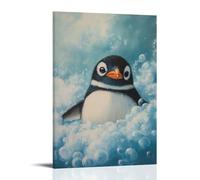 Pittura a olio con animali di un pinguino che si rilassa in un bagno di bolle, pinne che sbirciano attraverso nuvole di schiuma su uno sfondo morbido di schiuma marina. Decorazione da parete alla moda