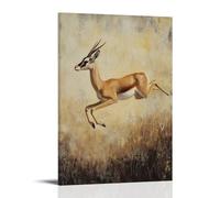 Pittura a olio con animali - graziosa gazzella - una delicata rappresentazione di una gazzella a metà salto attraverso l'erba della savana screziata dal sole, cattura l'eleganza in movimento
