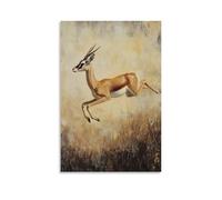 Pittura a olio con animali - graziosa gazzella - una delicata rappresentazione di una gazzella a metà salto attraverso l'erba della savana screziata dal sole, cattura l'eleganza in movimento