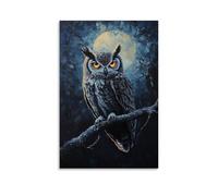 Pittura a olio con animali - gufo mistico - un vecchio gufo saggio appollaiato su un ramo illuminato dalla luna, con occhi luminosi e dettagli intricati di piume in tonalità scure arte murale