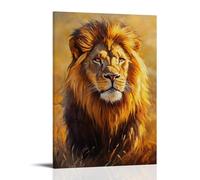 Pittura a olio con animali, leone maestoso nella luce della savana dorata con criniera e sguardo penetrante dettagliato, decorazione da parete moderna da appendere, stampa artistica da parete, 60 x 90