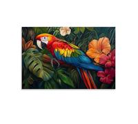 Pittura a olio con animali - Paradiso dei pappagalli tropicali - Un'ara colorata con vibrante piumaggio appoggiato su un lussureggiante fogliame della giungla circondato da fiori esotici arte da