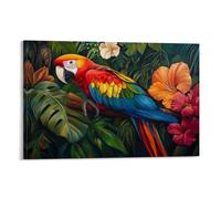 Pittura a olio con animali - Paradiso dei pappagalli tropicali - Un'ara colorata con vibrante piumaggio appoggiato su un lussureggiante fogliame della giungla circondato da fiori esotici arte da