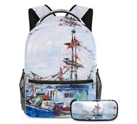 Pittura a olio della nave eleva la tua esperienza scolastica, prendi questo zaino con astuccio per ragazzi, ragazze, adolescenti, Multicolore#01, B:29.4x20x40cm P:19x7.5x3.8cm, Zaini Daypack