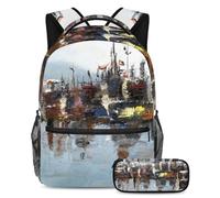 Pittura a olio della nave rimani organizzato e alla moda con questo set di 2 zaini, zaino e astuccio per ragazzi, ragazze e adolescenti, Multicolore#01, B:29.4x20x40cm P:19x7.5x3.8cm, Zaini Daypack