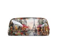 Pittura a olio Parigi Scena di strada Torre Eiffel Stampa Scuola in pelle con cerniera Fontana Penna a sfera Penna Roller Astuccio Matite Custodia per Pupil, Oro, Taglia unica, Astuccio per trucchi