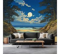 Pittura A Olio Spiaggia Pini Carta da Parati In Tessuti non Tessuti 350 x 256 cm Murali, Blu Fotomurale Murale Soggiorno Camera da Letto Cameretta Dei Bambini Decorazione