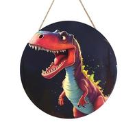Pittura a pannello in legno rotonda con dinosauro dalla bocca grande 30,5 cm. Opera d'arte squisita, legno ecologico, una scelta elegante per la decorazione della casa.