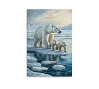 Pittura ad olio animale - Arctic Majesty- Una potente madre orso polare che guida i suoi cuccioli attraverso fondente banchi di ghiaccio, la loro pelliccia bianca incandescente contro il paesaggio