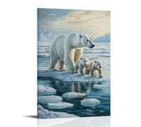 Pittura ad olio animale - Arctic Majesty- Una potente madre orso polare che guida i suoi cuccioli attraverso fondente banchi di ghiaccio, la loro pelliccia bianca incandescente contro il paesaggio