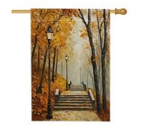 Pittura ad olio Autunno City Street Lamp House Bandiere 71 x 101 cm Double Face per esterno, autunno Urban Boardwalk acero lino verticale tela Home Flag, scenico cortile cortile stampa bandiera