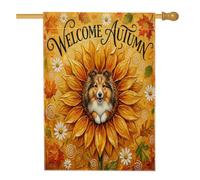 Pittura ad olio Autunno Shetland Sheepdog Front Yard Cortile Verticale Casa Bandiere 28x40 Double Sided per l'esterno, Autunno Girasole Foglia d'Acero Casa Stampato Bandiera, Cool Home Outdoor