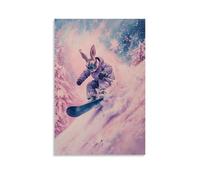 Pittura ad olio con animali di un coniglio che fa snowboard giù per le colline rosa pastello, intagliando sentieri freschi in paesaggi morbidi in polvere. Decorazione da parete alla moda, poster