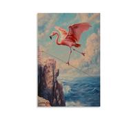 Pittura ad olio con animali di un fenicottero in equilibrio su una slackline allungata sopra le scogliere dell'oceano, ali estese sotto un cielo di corallo. Decorazione da parete alla moda - Poster