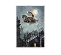 Pittura ad olio con animali di un gatto che salta dal tetto al tetto in una città notturna Freerun, ambientato su uno sfondo grigio chiaro di luna. Decorazione da parete alla moda - Poster artistico