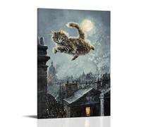 Pittura ad olio con animali di un gatto che salta dal tetto al tetto in una città notturna Freerun, ambientato su uno sfondo grigio chiaro di luna. Decorazione da parete alla moda - Poster artistico