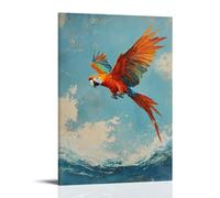 Pittura ad olio con animali di un pappagallo che esegue trucchi aerei sopra le onde tropicali, colori abbaglianti su uno sfondo blu cielo sbiadito. Elegante arte da appendere alla parete, poster