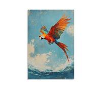Pittura ad olio con animali di un pappagallo che esegue trucchi aerei sopra le onde tropicali, colori abbaglianti su uno sfondo blu cielo sbiadito. Elegante arte da appendere alla parete, poster