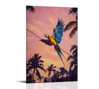 Pittura ad olio con animali di un pappagallo che si unisce tra palme, vento tropicale che scorre attraverso le piume sotto un cielo rosa al tramonto. Decorazione da parete alla moda - Poster artistico