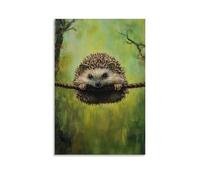 Pittura ad olio con animali di un riccio che si incastra attraverso le tettoie della foresta, piccole zampe distese su uno sfondo verde lime. Decorazione da parete alla moda, poster artistico da