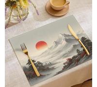 Pittura cinese a inchiostro Montagne innevate, mare di nuvole e sole rosso Set di 2 Tovagliette Americane Lavabili, Tovagliette Colazione in Cotone e Lino,Resistenti al Calore,Grigio chiaro