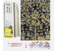 Pittura con numeri per adulti, albero della vita, William Morris, kit di pittura acrilica con numeri per principianti, tela prestampata con 3 pennelli e un set di colori colorati