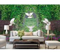 Pittura decorativa per soggiorno, caffetteria, ristorante, murale, 3D, 350x245 cm, con rosa verde e colomba.