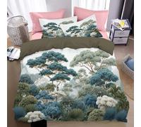 Pittura Di Foreste In Stile Cinese Copripiumino 220×240 CM,Set Copripiumino in Microfibra,Reversibile Biancheria Letto Alberi Illustrazioni Botaniche 3 Pezzi,Copripiumone con Cerniera e Federe,Bianco