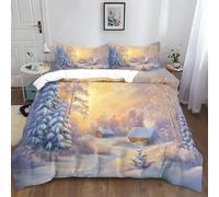 Pittura Di Paesaggio Set di Biancheria da Letto 220x230 cm, Paesaggio Alberi Baita Innevata Parure Copripiumino con Stampa Copripiumino con Cerniera, Incluso 1 Copripiumino e 2 Federe