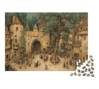 Pittura Medievalee Puzzle 1000Pcs Persone nella piazza del villaggio Decorazione Per La Casa. Rilassamento E Intelligence Per Adulti E Bambini Da 14 Anni 38x26cm/1000pcs