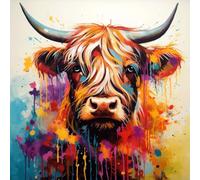 Pittura per numeri per adulti principianti,kit di pittura a olio su tela per numero con vernice acrilica pigmentata, 40 x 40 cm, ritratto di mucca in rilievo con graffiti colorati,Con cornice