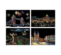 Pittura Raschiare per Adulti, 4 Pack Colorato Città Della Città Vista Pittura Raschiare A4 Dimensioni Carta Di Fama Mondiale Serie Di Sculture Art Scultura con Penna Bastone
