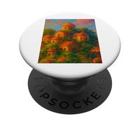 Pittura stravagante del villaggio in cima alla collina, vivace arte sul tetto PopSockets PopGrip Adesivo