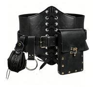 Pitycbo Corsetto Cintura con Tasca in Pelle PU con Design Retro Industriale E Chiusura a Lacci per Abiti Storici E Raduni di Rievocazione, Nero