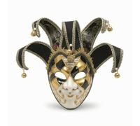 Pitycbo Maschera Veneziana Uomo Maschera Mezzoviso Maschera Carnevale Maschera con Stile Giullare E Campanelli Alle Punte Rifinitura Dorata E Particolari, Nero