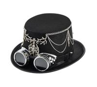 Pitycbo Steampunk Hat Cappello Cilindro Nero Cappello Ampia Cappello con Occhiali Cappello Gotico in Lana E Feltro con Catenelle E Decorazioni a Rami Adatto