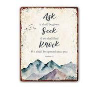 PIUHRKLEVD Matthew 7 Ask Seek Knock Metal Sign Scripture Inspirational Wall-Art Decor 8 X 12 in