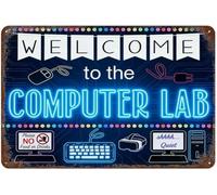 PIUHRKLEVD Vintage Retro Computer Welcome Metal Tin Sign Mouse Keyboard VR PC No Food Drinks Quiet Tech Quote Classroom Wall Decor 8 X 12 in