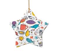 Piume colorate disegnate a mano su ornamento bianco del pendente di vacanza, decorazioni di ceramica di Natale appese a forma di cuore della stella per Natale