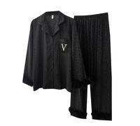 Piume da donna a maniche lunghe, in seta di ghiaccio, due pezzi (nero, XL)