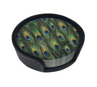 Piume di coda di pavone,Set di 6 sottobicchieri rotondi, sottobicchieri in pelle PU con supporto per casa, ufficio, cucina